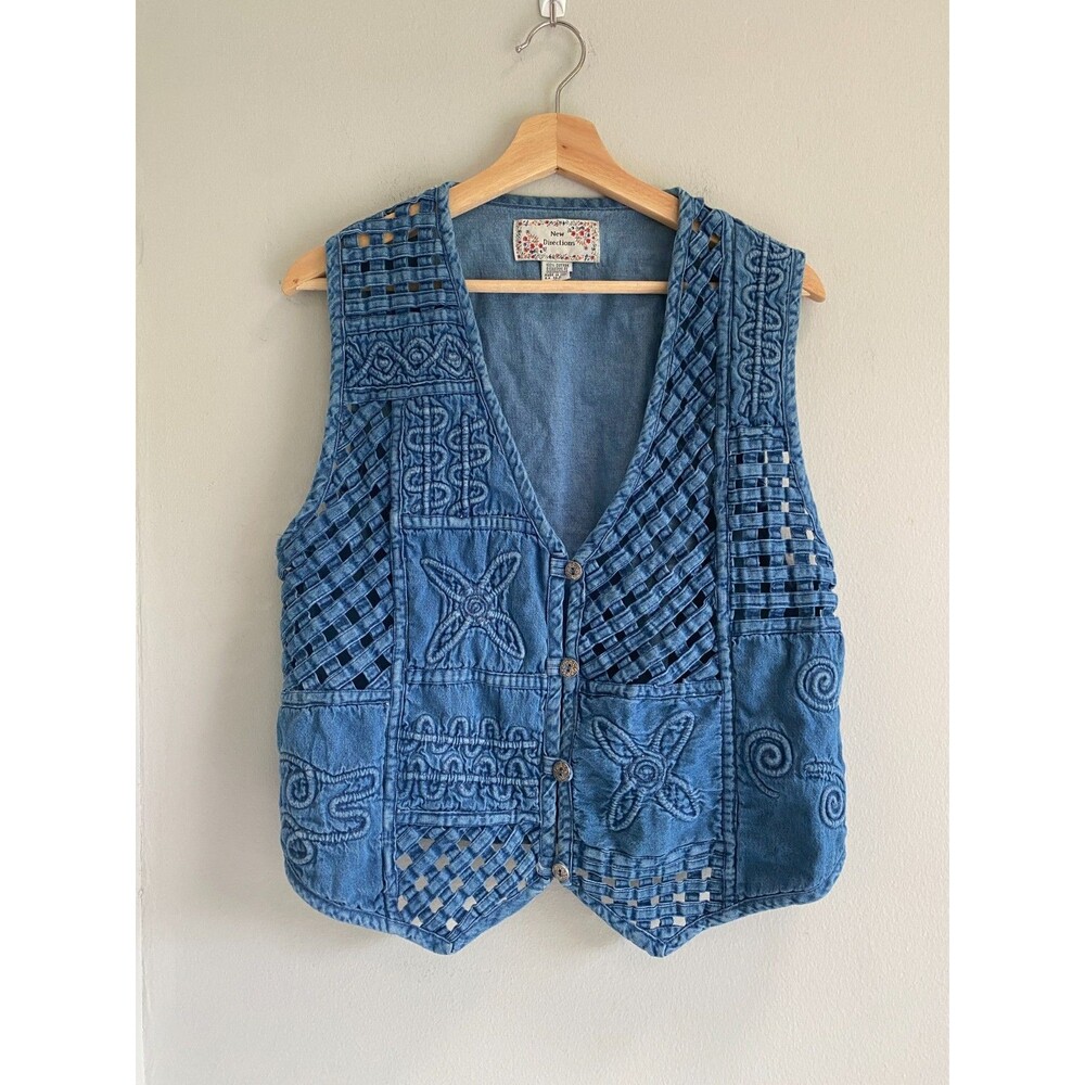 New Directions Denim Woven Basket Weave Floral Vest Vintage Cottagecore Size L